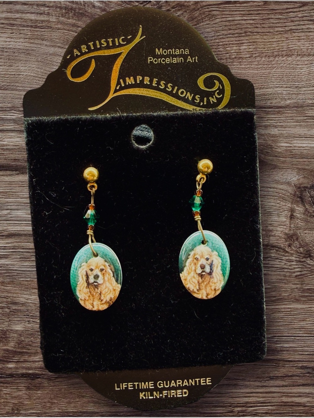 Artistic Impressions Montana Porcelain Art Gold & Green Dog Portrait Earrings